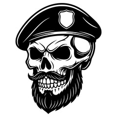 Skull with a beard and mustache wearing a beret, military, rebel, veteran, biker, death
