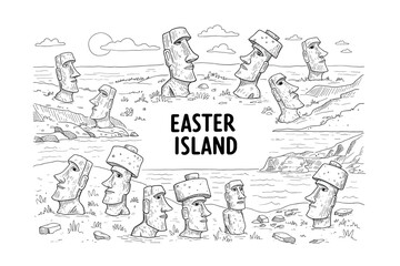 Obraz premium Exploring the mystical moai statues of easter island chile illustrated travel guide coastal environment artistic viewpoint. Vector illustration