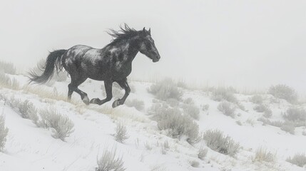 Obraz premium Black Horse Galloping Through Snowy Landscape in Winter Storm, Capturing Beauty and Freedom of Nature