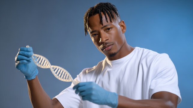 Confident black scientist, man with braided hair, examining dna model for biology and genetics research. young professional focused on healthcare and biotechnology