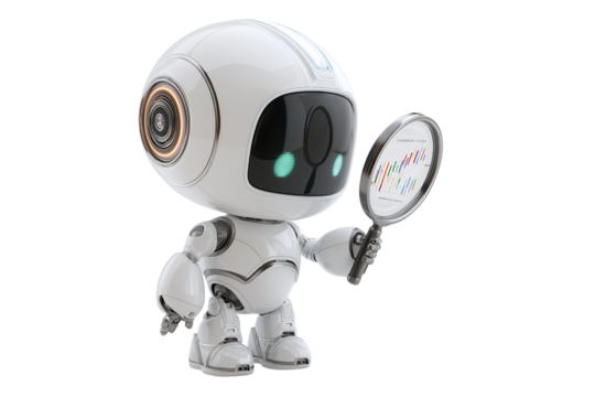 Cute AI Robot Character Analyzing Financial Charts with Magnifying Glass