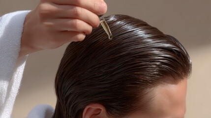 Naklejka premium Close up of professional applying neutral oil to brunette scalp for hair care and maintenance. relaxing beauty treatment promoting health and wellness for shiny hair