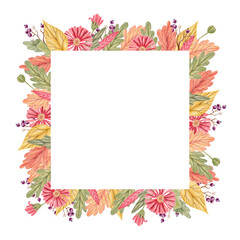 Hand drawn colored pencil square frame with autumn leaves, fall flowers and berries. Botanical illustration border for invitations, Thanksgiving Day greeting cards and harvest festival decoration.