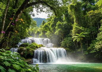A majestic multi-tiered waterfall cascades down rocks into a serene river, nestled within a lush, green mountain valley and tropical rainforest