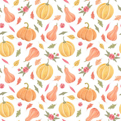 Seamless hand drawn pattern with pumpkins, gourds, autumn leaves and flowers. Seasonal repeatable design for Thanksgiving Day, harvest festival, fall holiday wrapping paper, kitchen textile.
