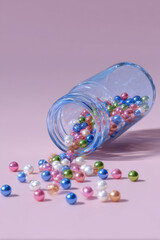 Transparent bottle tipped over, spilling playful cascade of colorful pearl bead onto pastel background. whimsical still life for craft or hobby concept