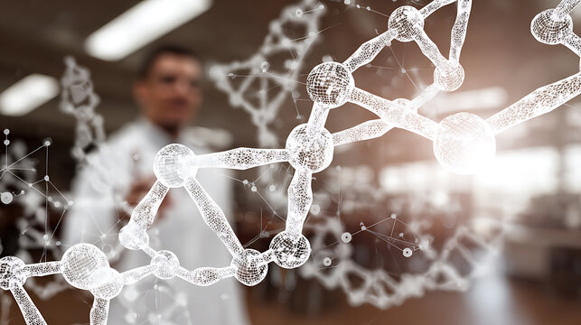 Scientist examining molecular structure in a laboratory setting with digital visualization