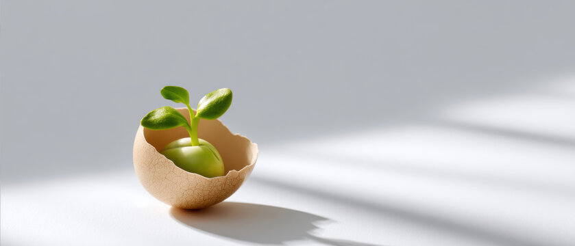 Green sprout represents new beginning and hope. This concept of fragile plant growth in an eggshell shows potential of life and fresh organic start