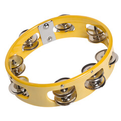Obraz premium Yellow tambourine musical instrument with metal jingles, isolated on transparent background, perfect for music education