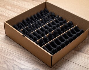 Cardboard box with protective foam insert for packaging and shipping.