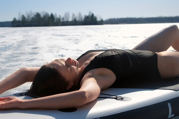 Woman in swimsuit basking in sun lying on sup board on frozen river with snow. Brunette relaxed model female enjoying cold sunny day on nature, outdoor recreation, posing smiling with closed eyes.