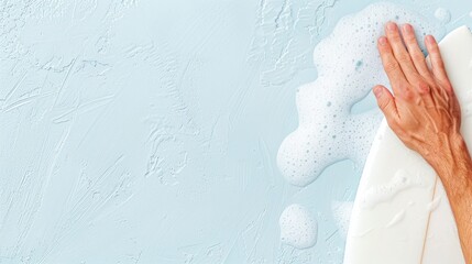 Close-Up of a Hand Washing a Surfboard with Soap on a Light Blue Background, Emphasizing Water and Cleanliness