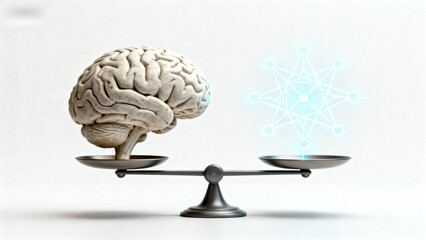 Human brain balanced on scale with glowing molecular structure