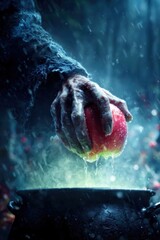 Close-up witch hand holding apple over cauldron
