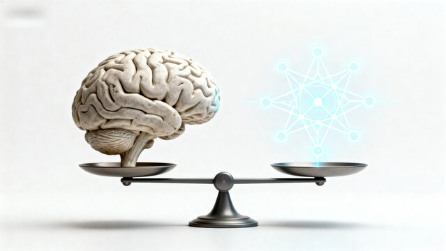 Human brain balanced on scale with glowing molecular structure - Powered by Adobe