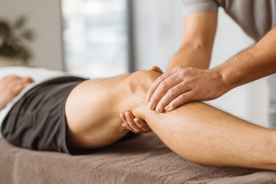 Close-up of a physiotherapist giving a knee massage to a patient, providing therapeutic relief and rehabilitation with gentle, healing touch to aid recovery from injury. - Powered by Adobe