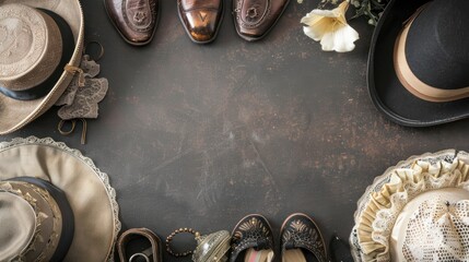 Vintage footwear and hats arranged on rustic background for stylish fashion exploration, showcasing classic styles and elegant accessories.
