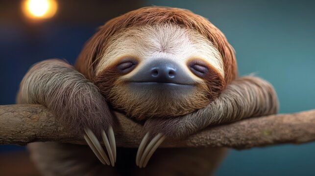 Serene slumber: A sloth's tranquil nap on a branch under the gentle light
