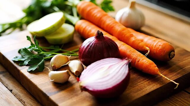 Flat lay kitchen photography vegetables on cutting board with carrot onion garlic zucchini parsley calm rustic mood