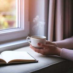 A woman enjoys a mindful tea ritual at a window seat with steam curling from the cup and a journal open. Close-up of hands and cup, soft ambient light, warm pastel tones, and intimate self-care mood. 