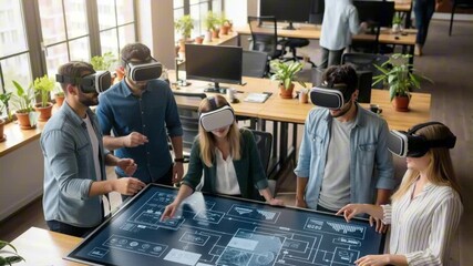 A diverse group of young adults using virtual reality headsets in a modern office space, engaged with a large digital display and discussing concepts together - Powered by Adobe