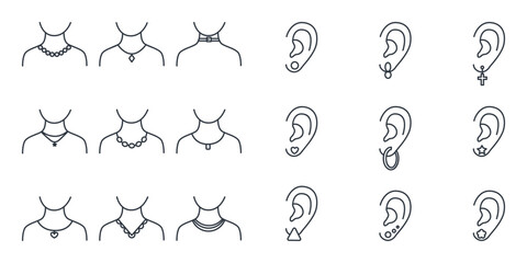 Collection of Jewelry Icons on Light Background Featuring Necklaces, Pendants, Earrings, and Ear Piercings in Outline Style