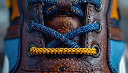Detailed close up of brown leather shoe lacing with blue and yellow braided shoestrings.