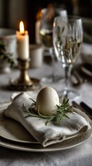 Fototapeta premium Easter table vignette with linen napkin and decor elements