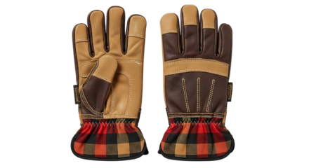 Pair of Brown and Tan Leather Work Gloves with Plaid Cuffs