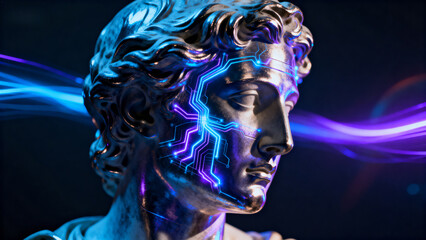A classical statue head with glowing neon circuit patterns and vibrant energy waves in a dark background