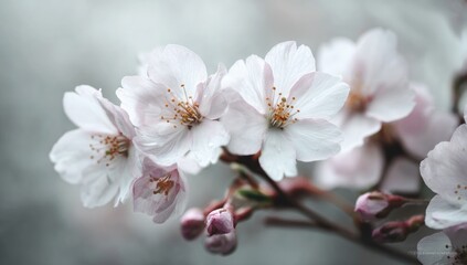 Delicate, soft-focus blossoms of pale pink and white cherry blossoms in spring