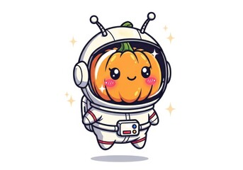 Fototapeta premium Cute cartoon pumpkin astronaut with kawaii face and sparkling stars space