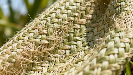 Close-up of woven natural fiber fabric with visible texture and frayed edges
