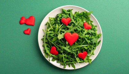 Fresh arugula salad with red hearts