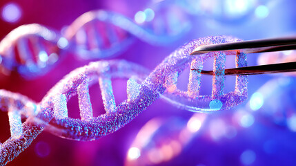 DNA double helix being manipulated with tweezers in a scientific illustration