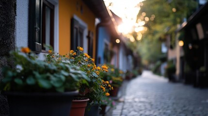 Charming European Street with Colorful Facades, Blooming Flowers, and Radiant Sunlight filtering