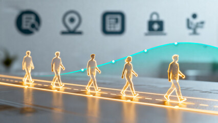 Miniature figures walking on a glowing path with digital icons in the background