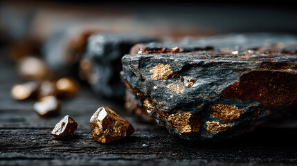 Raw molybdenum ore crystals on black shale with metallic reflections,showcasing strategic mineral resources and clean energy materials for industrial use.
