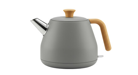 Obraz premium Modern gray electric kettle with wooden handle isolated on transparent background