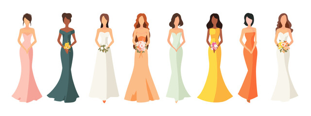 Diverse women in elegant dresses lineup