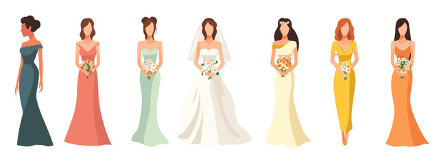 Brides and bridesmaids in colorful dresses