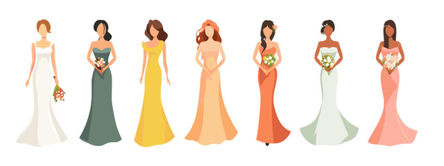 Illustration of brides in various wedding dresses