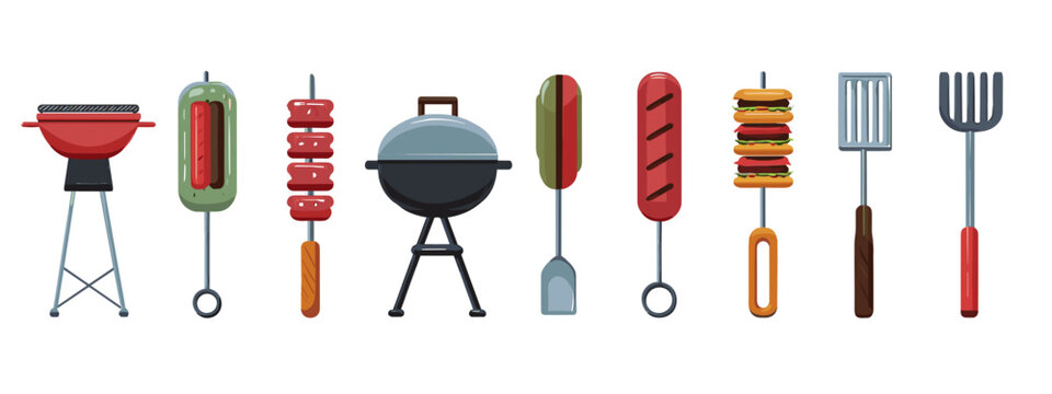 Collection of barbecue tools and food items