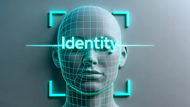 3d render of a Identity’ illustration, holographic human face with biometric scanner grid, futuristic data style.