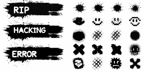 Obraz premium Collection of grunge black brush strokes with text and abstract distressed icons