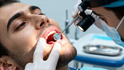 Dentist examining patient's teeth with dental mirror and probe in clinical setting
