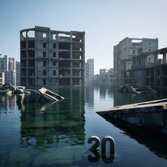 Eerie post apocalyptic cityscape submerged in water with decaying concrete structures and clear skies above