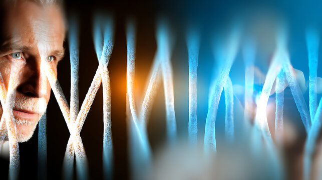 A man observing glowing DNA strands in a scientific visualization