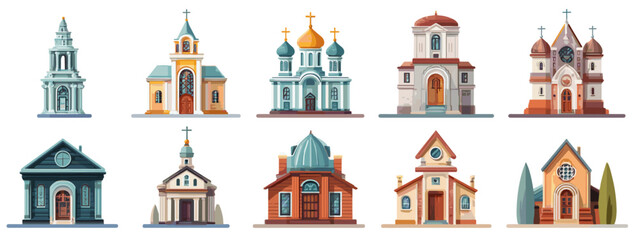 Various architectural styles of churches and buildings