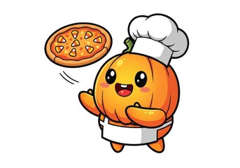 Cute cartoon pumpkin chef holding a pizza with candy corn toppings image